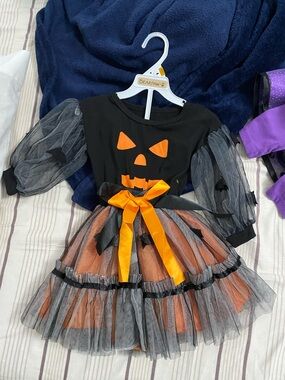 Kids Halloween Pumpkin Tulle Costume Dress with Orange Bow